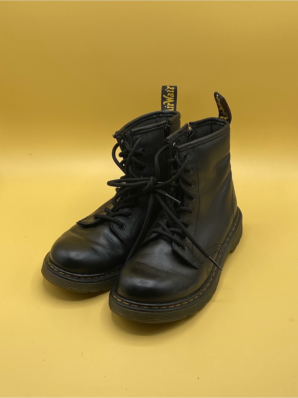 Dr. Martens Black Leather Lace-Up Combat Boots with Yellow Stitching Tag - Picture 2 of 4